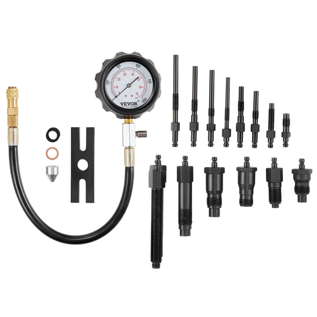 VEVOR Diesel Engine Compression Tester, 18 pcs Cylinder Pressure Test Tool Kit, with 0-1000 psi Gauge and Adapters, Diesel Injector Tester Check Cylinders in Diesel Trucks, Tractors, Equipment