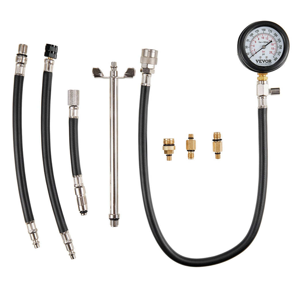 VEVOR Compression Tester Adapter Kit, 9 Pcs Automotive Engine Cylinder Leak Down Compression Test, Accurate Dual Scale Pressure Gauge 0-300 psi, with Long Reach Hoses and Case for Engine Cylinders