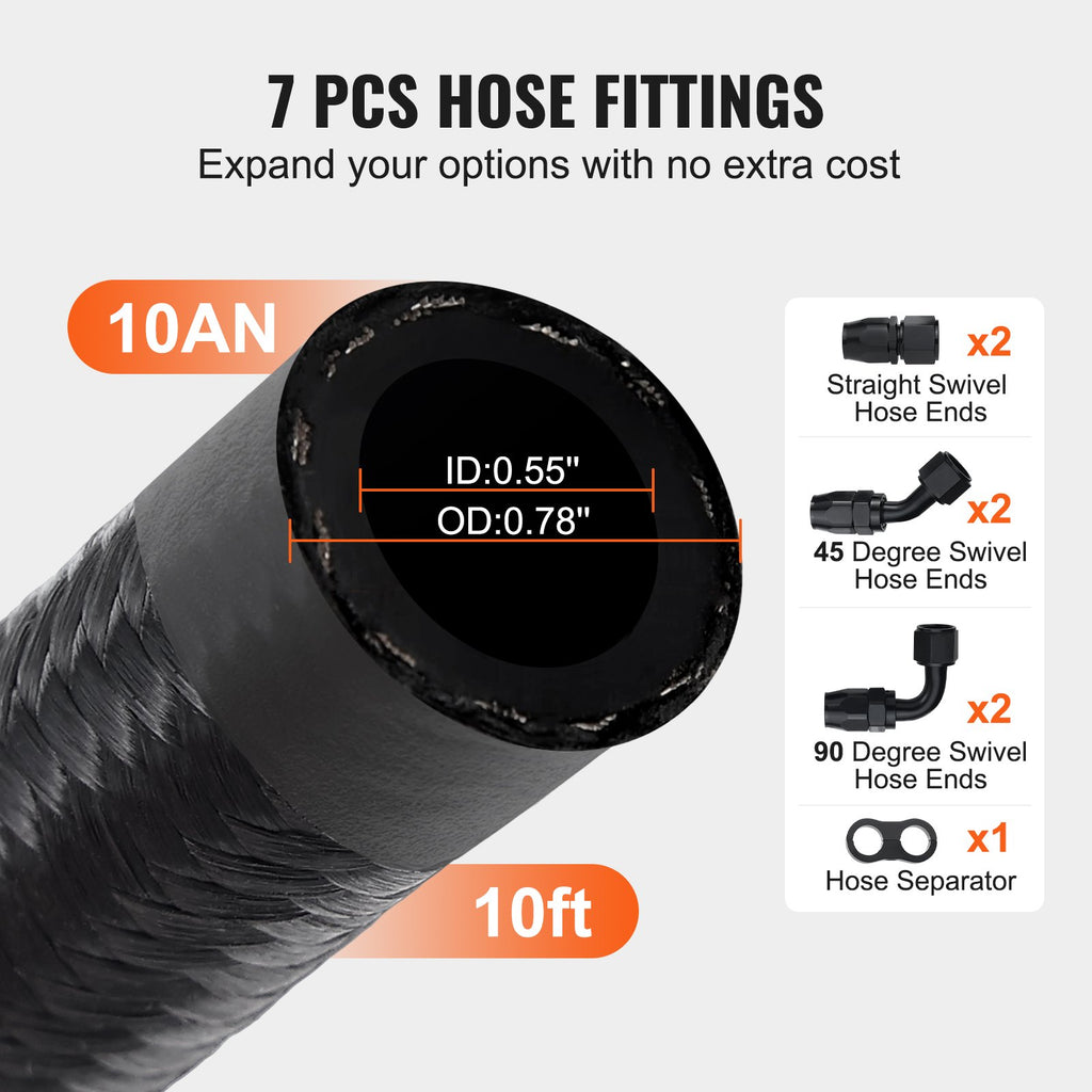VEVOR 10AN Fuel Line Kit, 3.05 m Fuel Hose Kit, 1.4 cm Nylon Stainless Steel Braided Fuel Line Oil/Gas/Diesel Hose End Fitting Kit, with 7 PCS Swivel Fitting Adapter Kit, Black