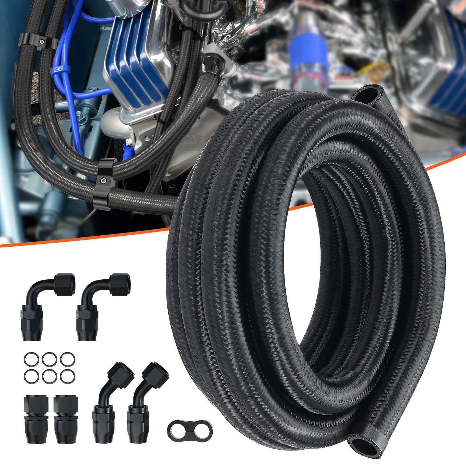 VEVOR 10AN Fuel Line Kit, 3.05 m Fuel Hose Kit, 1.4 cm Nylon Stainless Steel Braided Fuel Line Oil/Gas/Diesel Hose End Fitting Kit, with 7 PCS Swivel Fitting Adapter Kit, Black