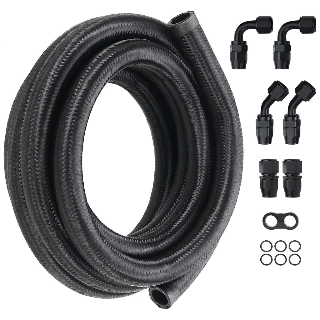 VEVOR 10AN Fuel Line Kit, 3.05 m Fuel Hose Kit, 1.4 cm Nylon Stainless Steel Braided Fuel Line Oil/Gas/Diesel Hose End Fitting Kit, with 7 PCS Swivel Fitting Adapter Kit, Black