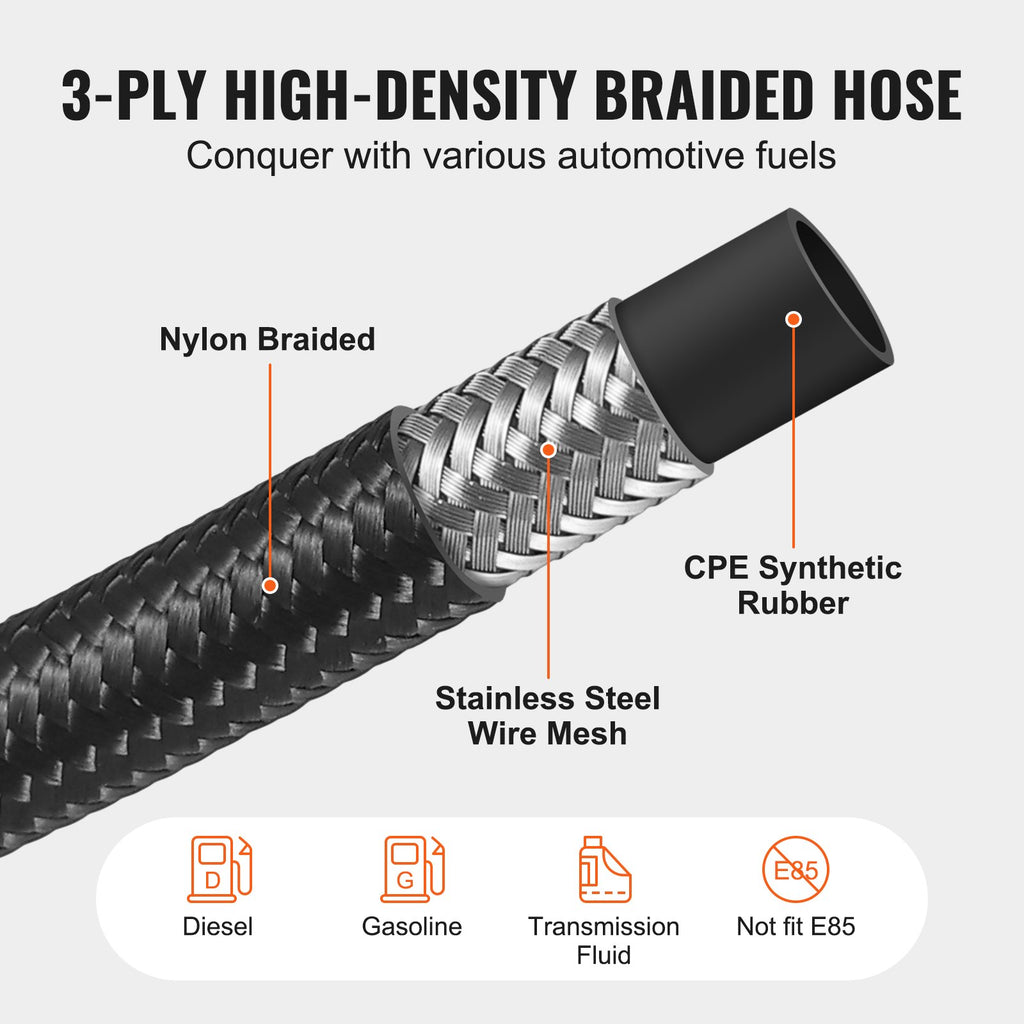 VEVOR 6AN Fuel Line Kit, 6.1 m Fuel Hose Kit, 0.86 cm Nylon Stainless Steel Braided Fuel Line Oil/Gas/Diesel Hose End Fitting Kit, with 12 PCS Swivel Fitting Adapter Kit, Black