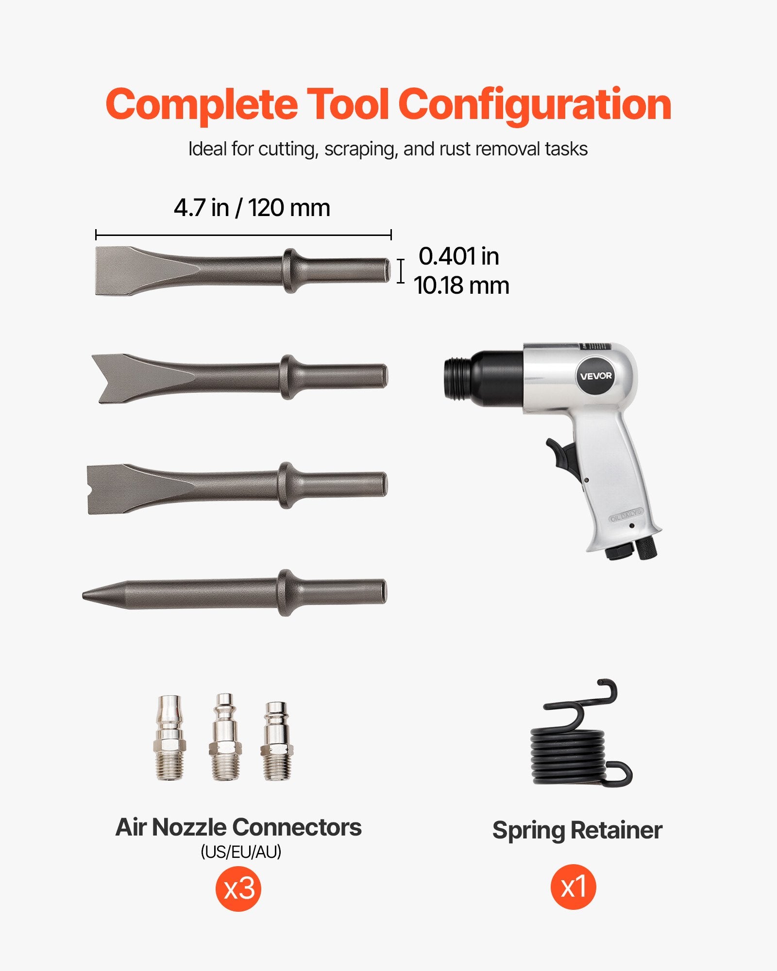 VEVOR Air Hammer, 4500BPM Pneumatic Hammer with Rust Removal Air Needle Scaler & 4PCS Chisels Round Shank, Lightweight & Compact Air Chisel Pneumatic Shovel Tool for Cutting Scraping Demolishing