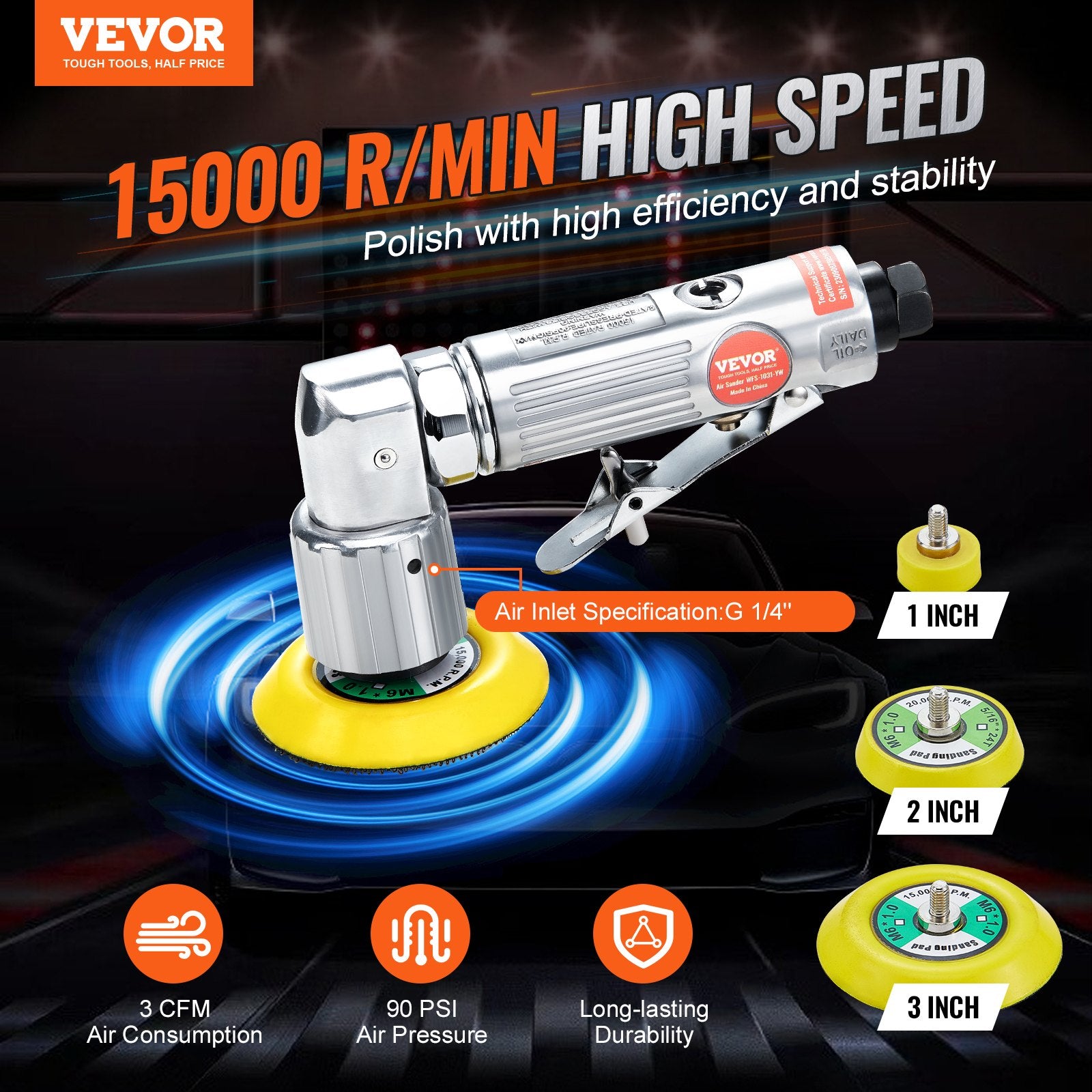 VEVOR 58PCS Air Sander Kit 1/2/3in Random Orbital Air Sander Polisher 15000r/min