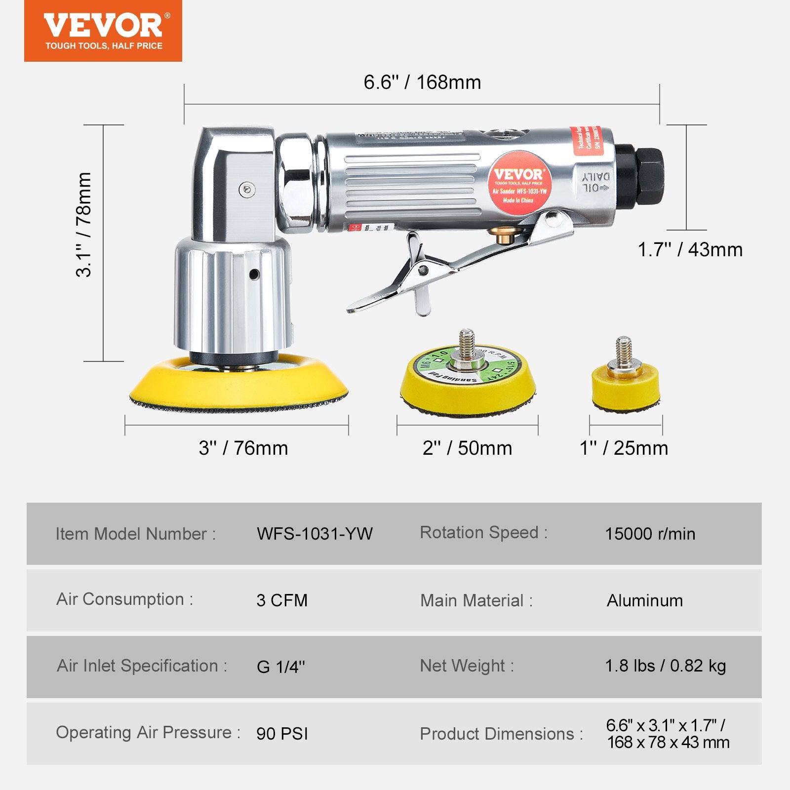 VEVOR 58PCS Air Sander Kit 1/2/3in Random Orbital Air Sander Polisher 15000r/min