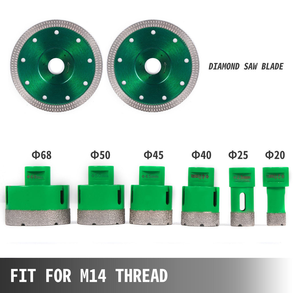 VEVOR 6PCS Diamond Hole Saw Set, Diamond Drill Core Bits with Saw Blade, Heavy Duty Hole Saw Arbor 20/25/40/45/50/68 mm M14 Thread Carborundum Granite for Glass, Ceramics, Porcelain, Ceramic Tile