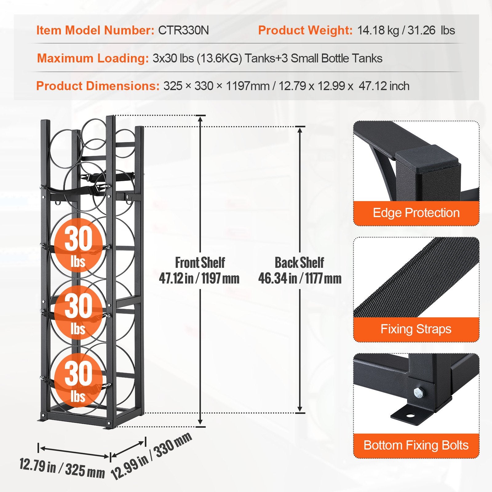 VEVOR Refrigerant Tank Rack, with 3 x 30lbs and Other 3 Small Bottle Tanks, Cylinder Tank Rack 12.79x12.99x47.12 in, Refrigerant Cylinder Rack and Holders for Freon, Gases, Oxygen, Nitrogen