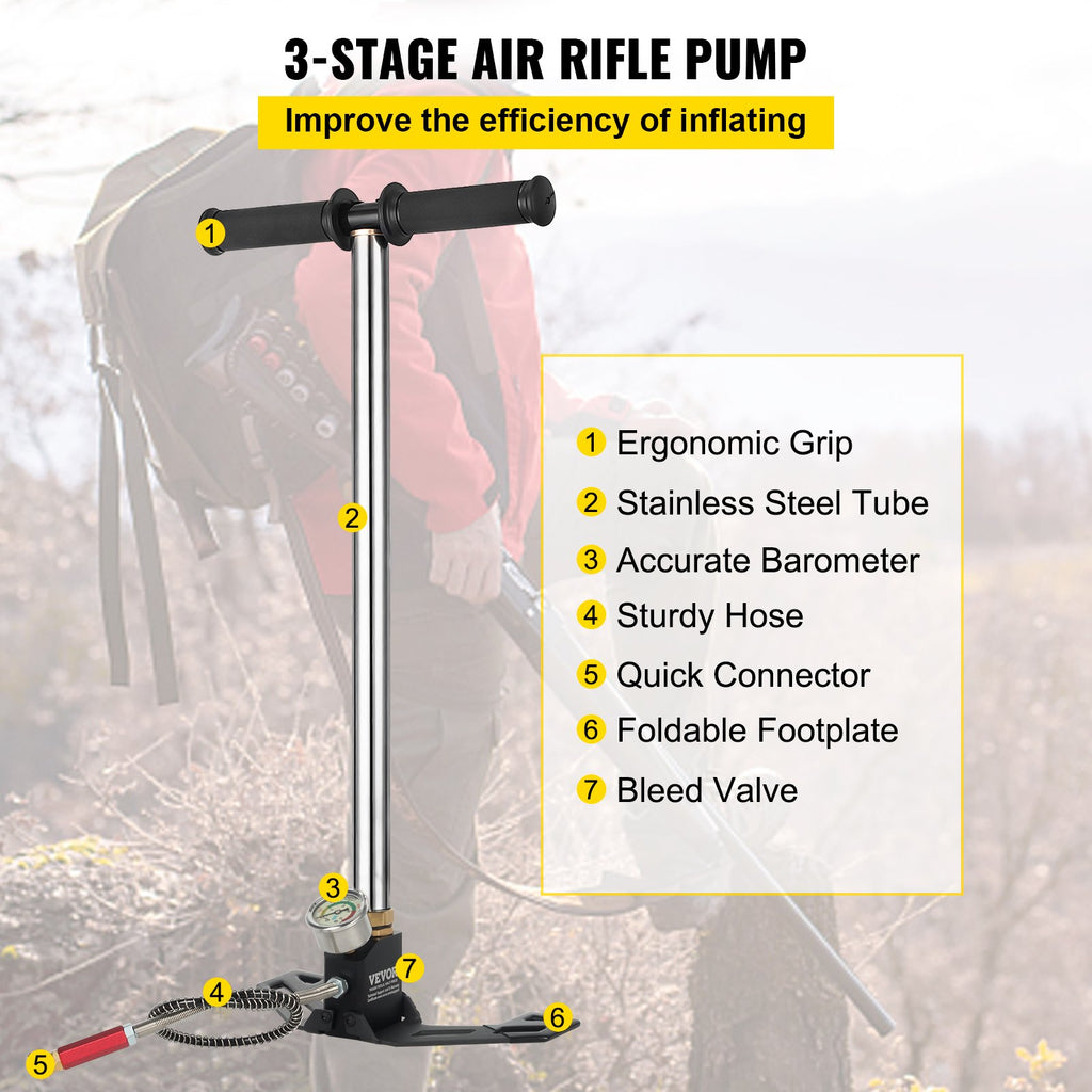 VEVOR High Pressure Hand Pump 3 Stage up to 4500 psi PCP Pump Safe and Convenient Airgun PCP Pump High Pressure Hand Pump for High Pressure Tires and Pre-Charged Pneumatic Airguns