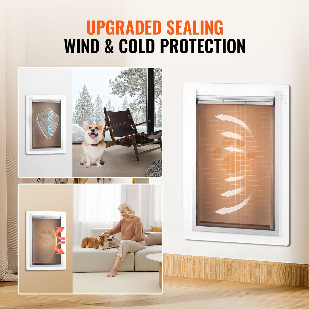 VEVOR Pet Door, 31.2 x 43.5 cm Metal Frame with Lock and 3-Flap System, Weatherproof Doggy Door, Easy to Install in Interior or Exterior Walls, Pet Door Suitable for Cat Doggie Kitties (White-Medium)