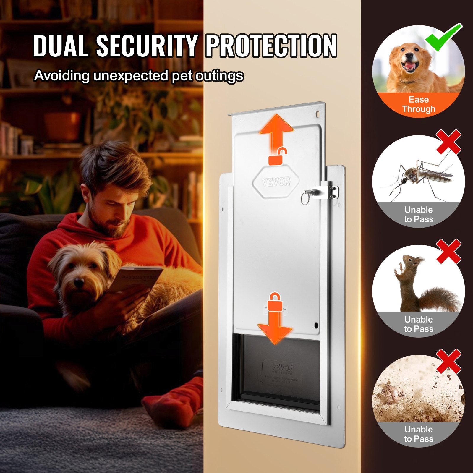 VEVOR Pet Door, 31.2 x 43.5 cm Metal Frame with Lock and 3-Flap System, Weatherproof Doggy Door, Easy to Install in Interior or Exterior Walls, Pet Door Suitable for Cat Doggie Kitties (White-Medium)