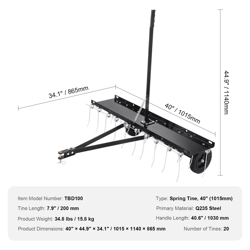VEVOR Tow Behind Dethatcher, 1015mm Tow Dethatcher with 20 Spring Steel Tines, Lawn Dethatcher Rake for ATV or Mower, Tow Behind Lawn Rake with Lift Handle for Garden Farm Grass