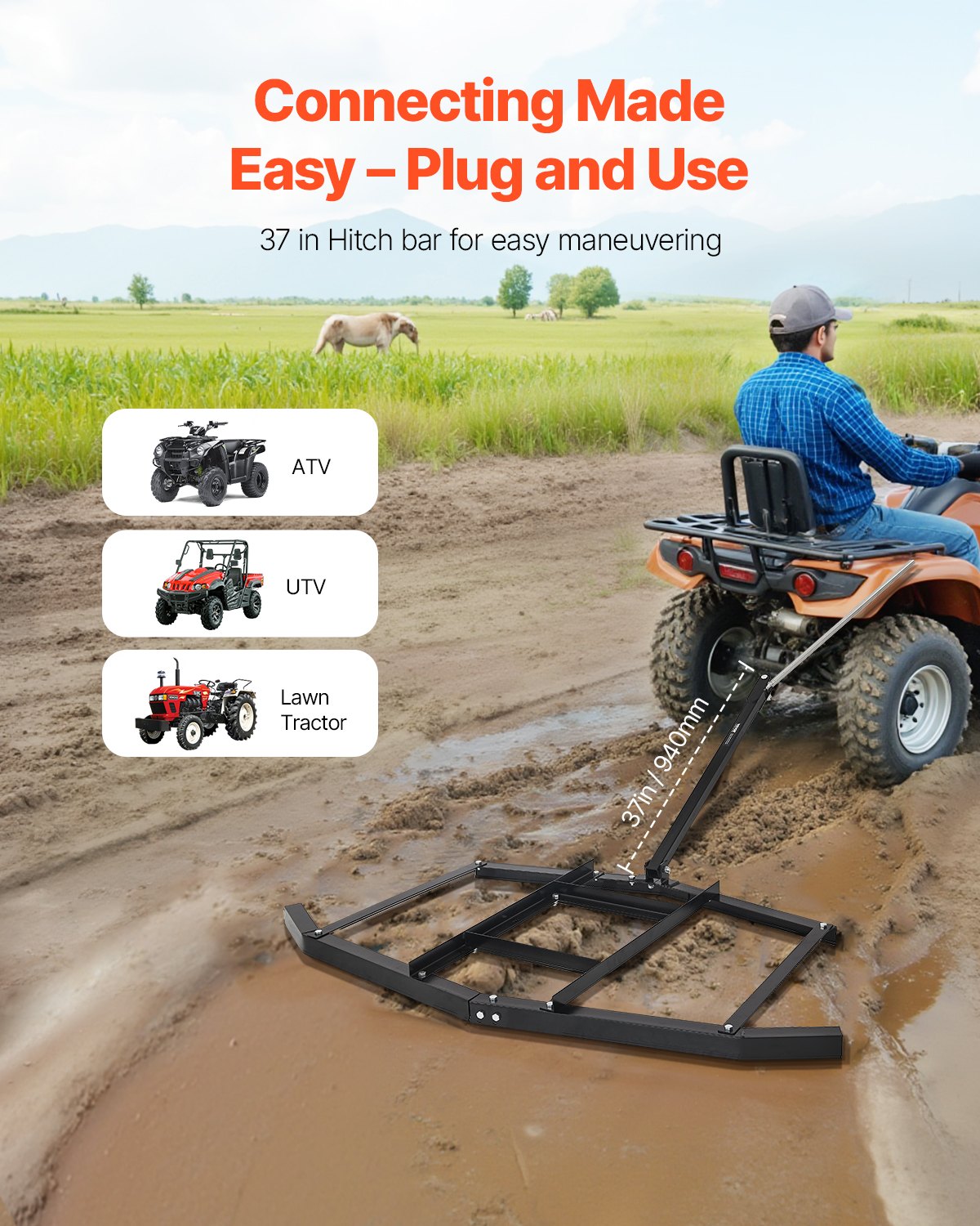 VEVOR Drag Harrow, 66" Width Tow Behind Drag Harrow, Q235 Steel Driveway Grader with Adjustable Bars & Pin Hitch, Support up to 50 lbs, Tractor Driveway Harrow for ATVs, UTVs, Garden Lawn Tractors