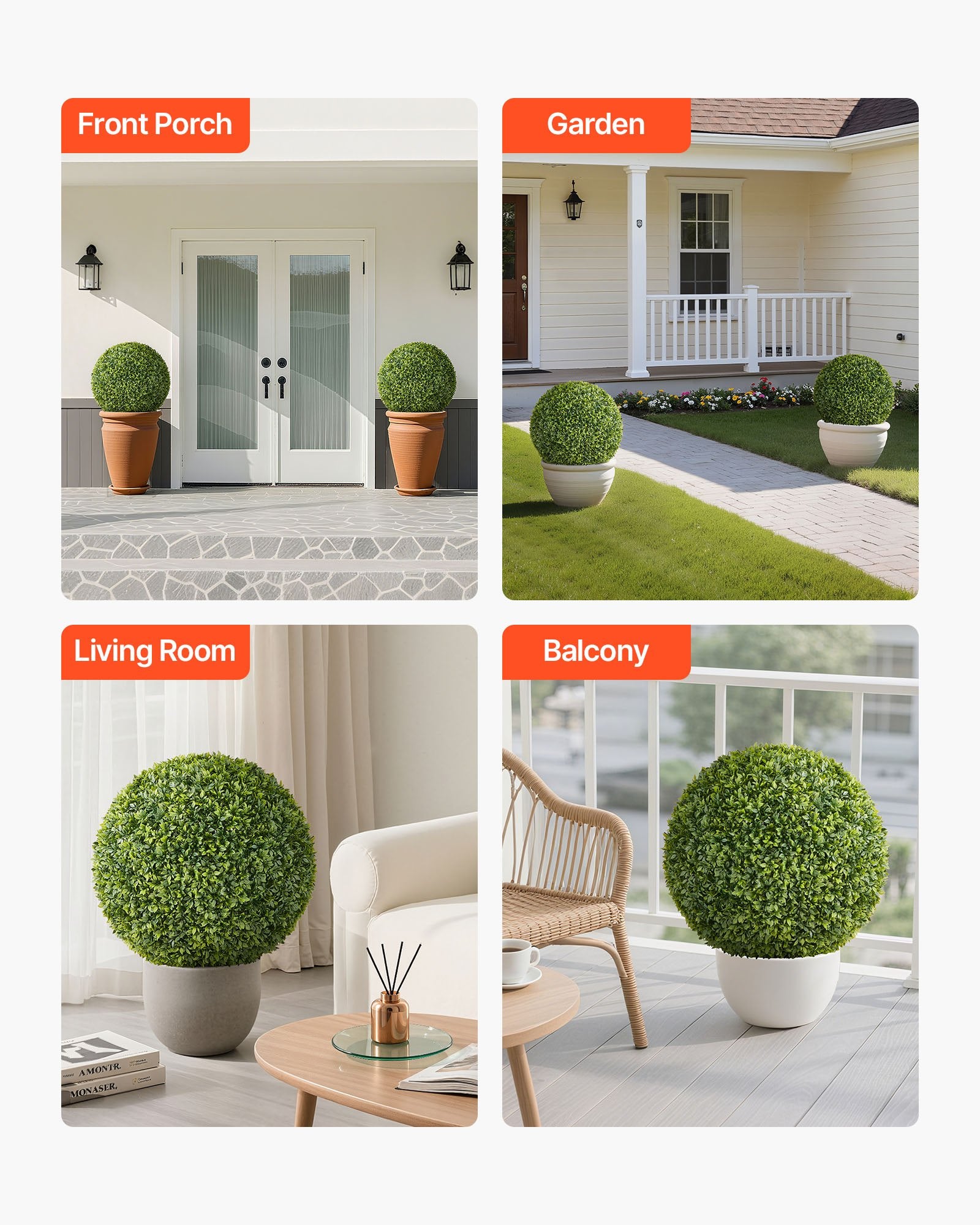 VEVOR Artificial Topiary Ball, 584mm Faux Boxwood Plant Balls, Fake Silk Tree Look Real, Easy Assembly for Decor Front Porch Outdoor Patio Garden Balcony Backyard and Indoor Home Wedding, Green