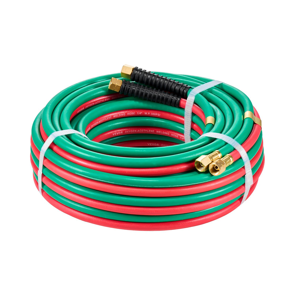 VEVOR Oxygen Acetylene Hose, 1/4-Inch x 50FT Oxy Acetylene Hose with 9/16"-18 LH/RH B Fittings, R Grade Welding Torch Twin Hose with 300PSI Maximum Working Pressure for Cutting Soldering Brazing