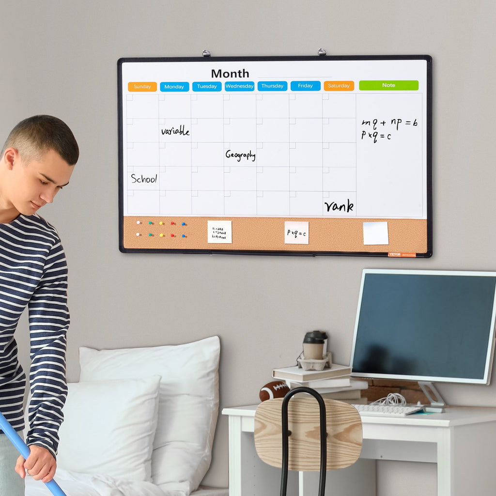 VEVOR 36"x 24" Monthly Calendar Whiteboard & Cork Board Combo with Aluminum Frame – 2-in-1 Magnetic Dry Erase Bulletin Board for Wall Mount – Ideal for School, Home, Office