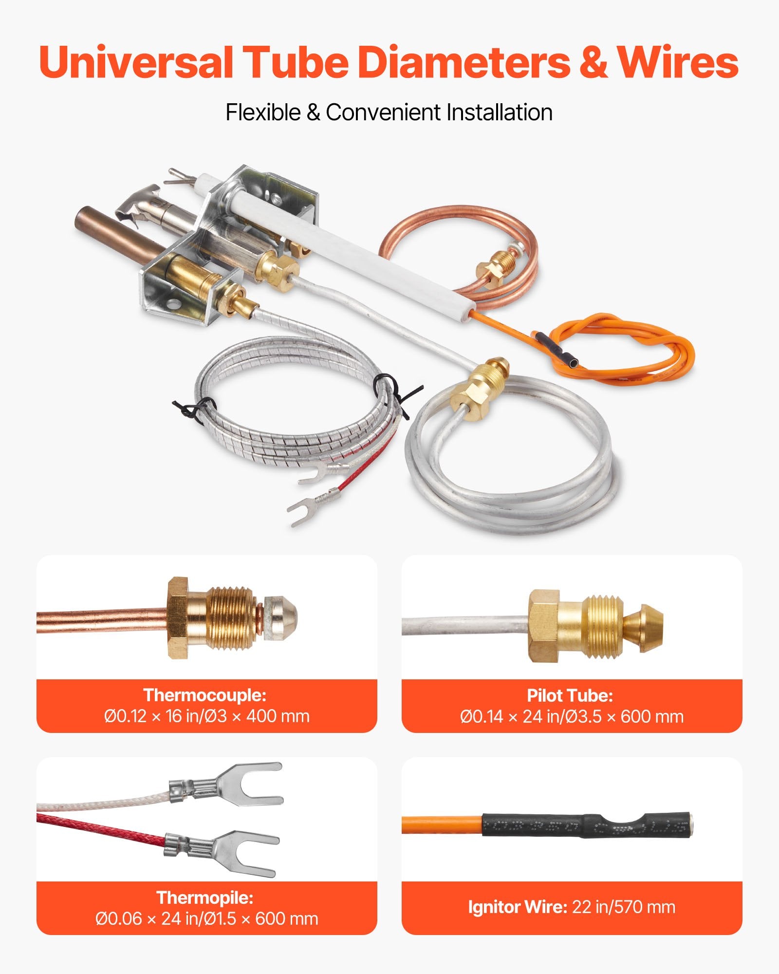 VEVOR Gas Pilot Assembly, OE 4021-732, 25660 Fireplace Gas Pilot Assembly, Natural Gas Ignition Replacement with Pilot Tube, Thermocouple, Thermopile, Wires, Compatible with Heatilator Models
