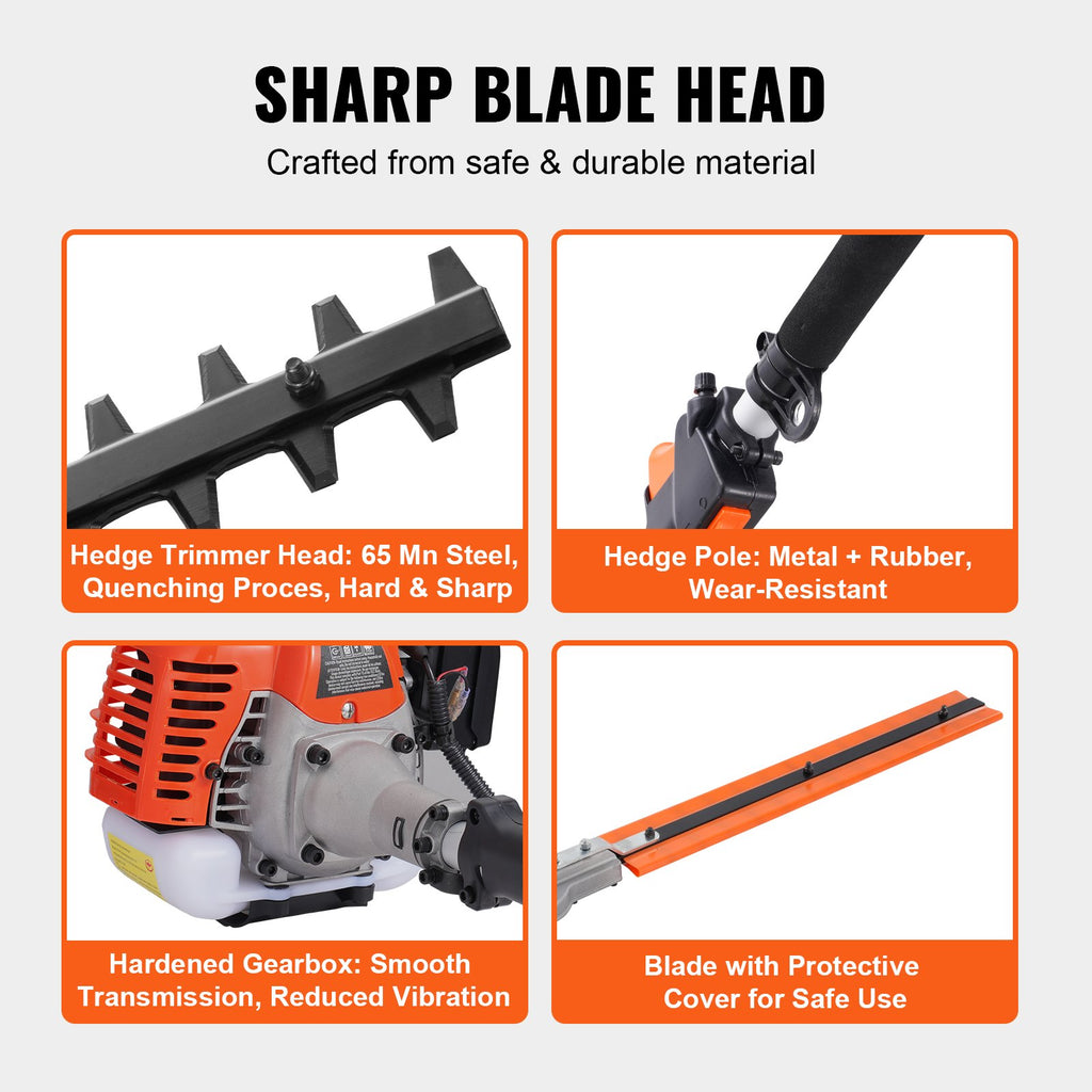 VEVOR 15.7-inch 26CC 2 Cycle Gas Hedge Trimmer, Gas Powered Pole Hedge Trimmer with Dual Sided Dual Action Blade, Adjustable Trimmer Head, Suitable for Trimming Shrubs, Bushes