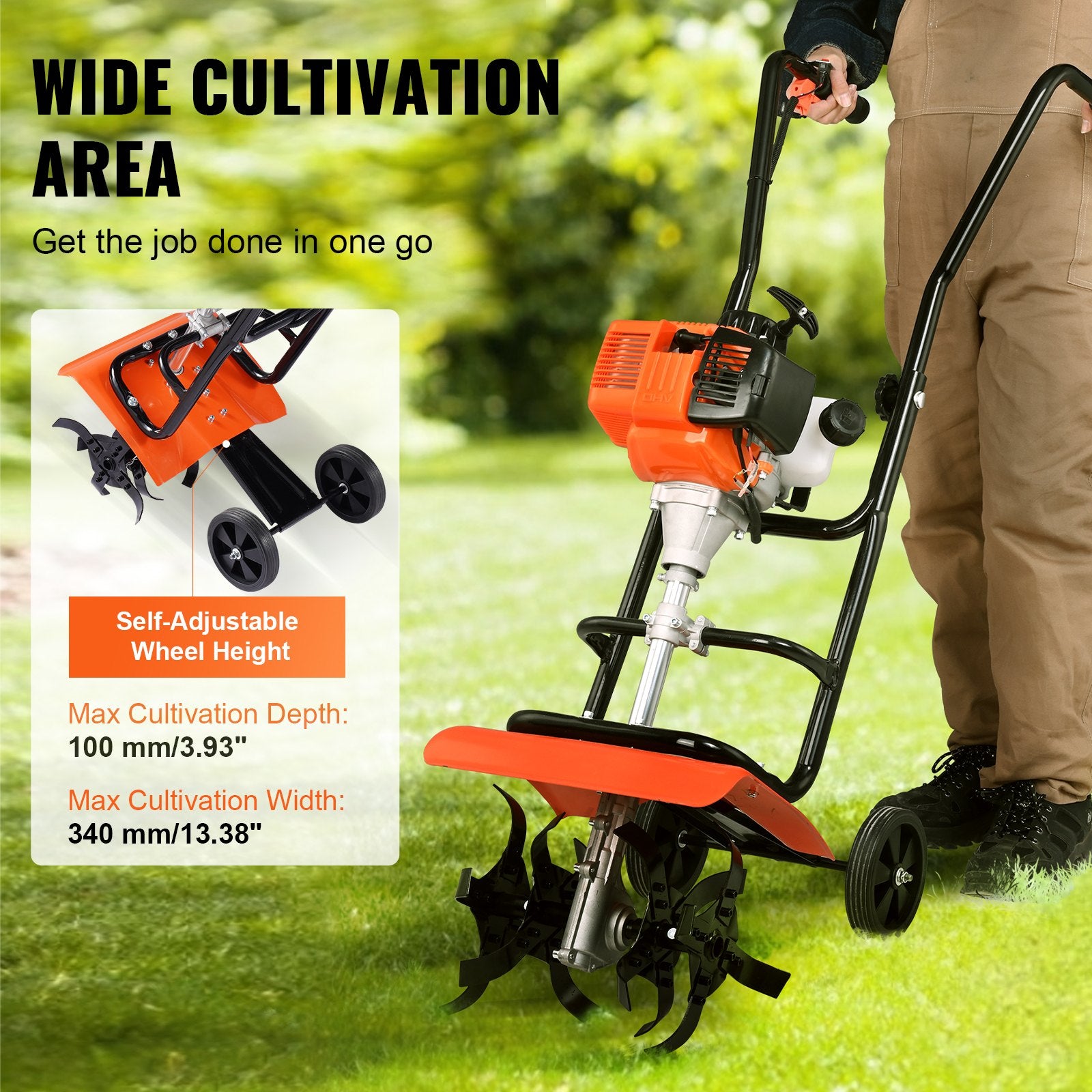 VEVOR Tiller Cultivator Gas Powered, 31CC 4-Stroke Garden Cultivator, Tiller with 4 Steel Adjustable Front Tines for Lawn, Garden and Field Soil Cultivation