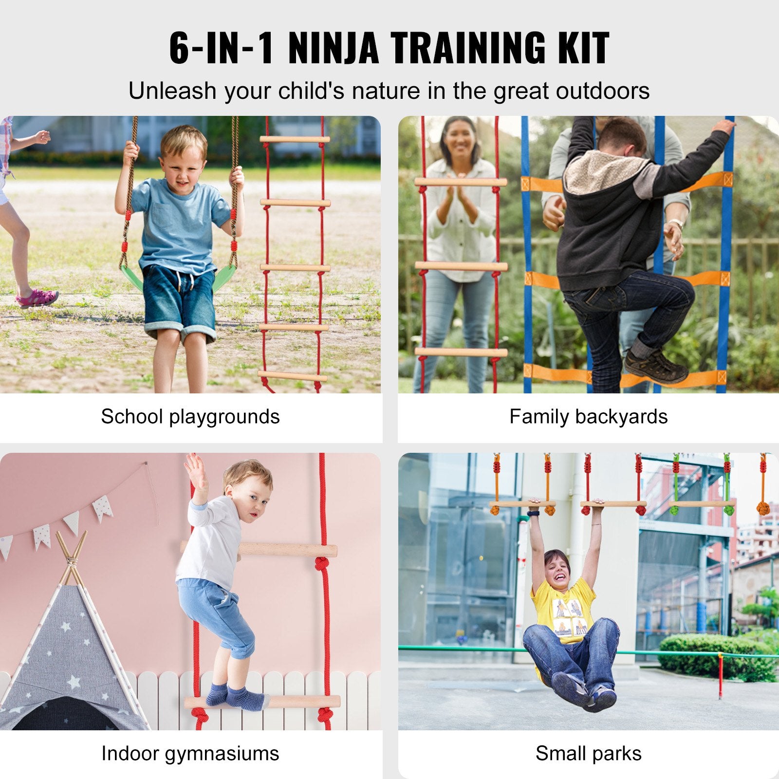 VEVOR Ninja Warrior Obstacle Course for Kids, 15.24 m Weatherproof Slacklines, 500lbs Weight Capacity Monkey Line, Outdoor Playset Equipment, Backyard Toys Training Equipment Set with 10 Obstacles