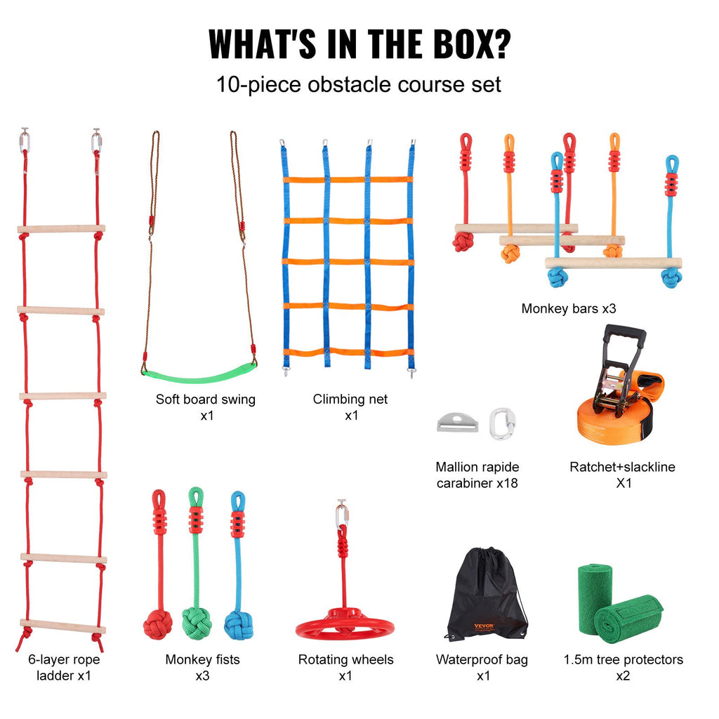 VEVOR Ninja Warrior Obstacle Course for Kids, 15.24 m Weatherproof Slacklines, 500lbs Weight Capacity Monkey Line, Outdoor Playset Equipment, Backyard Toys Training Equipment Set with 10 Obstacles