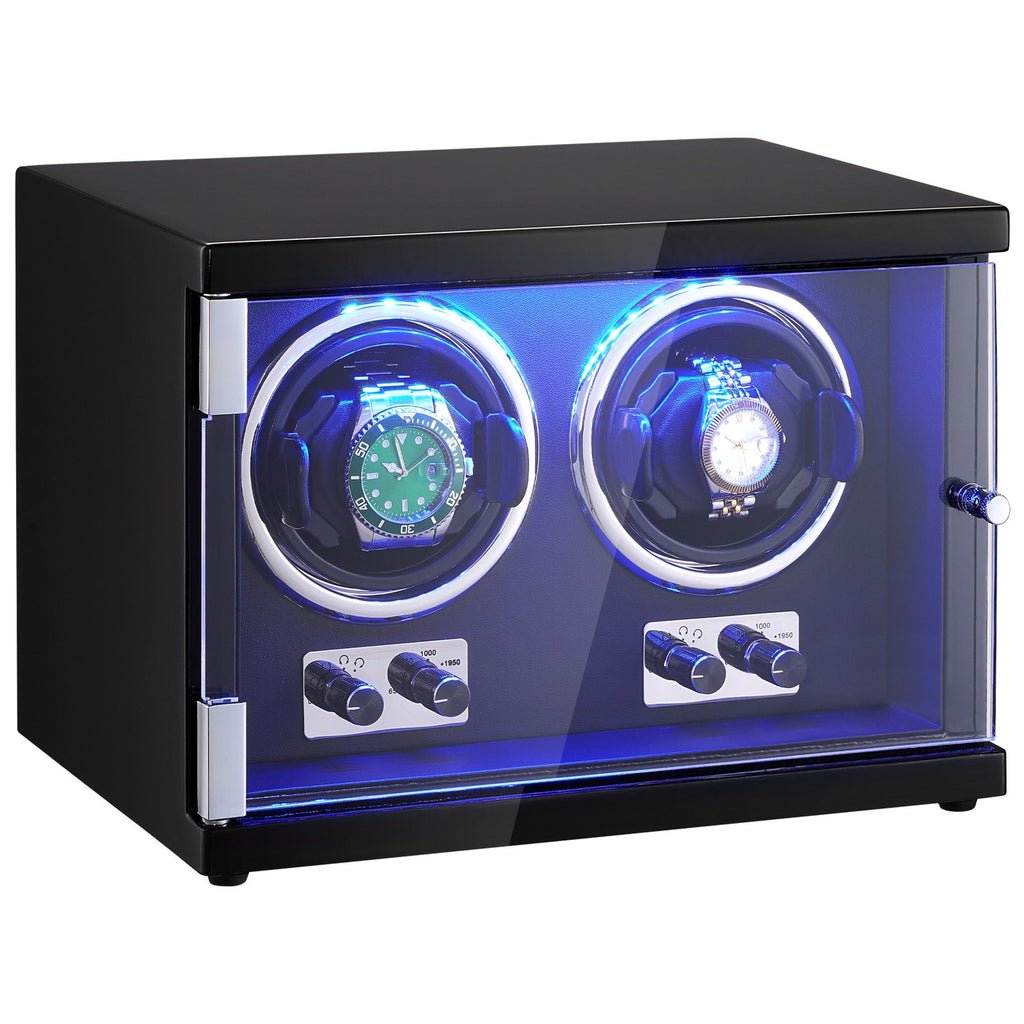 VEVOR Watch Winder, Dual Watch Winder for Men's and Women's Automatic Watch, with 2 Super Quiet Japanese Mabuchi Motors, Blue LED Light and Adapter, High-Density Board Shell and Black PU