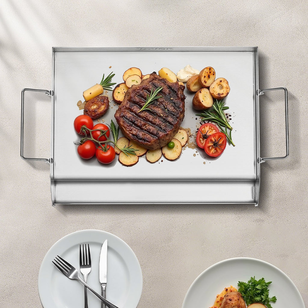 VEVOR Stainless Steel Griddle, 17x13 inch Universal Flat Top Rectangular Plate, Gas Grill Griddle for BBQ Grill, Teppanyaki, Portable Family Cookware with Handle, for Camping Tailgating Party