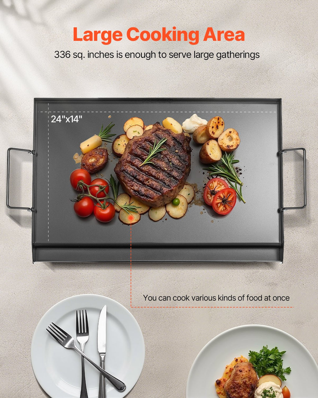 VEVOR Carbon Steel Griddle, 24x16 inch Universal Flat Top Rectangular Plate, Gas Grill Griddle for BBQ Grill, Teppanyaki, Portable Family Cookware with Handle, for Camping Tailgating Party
