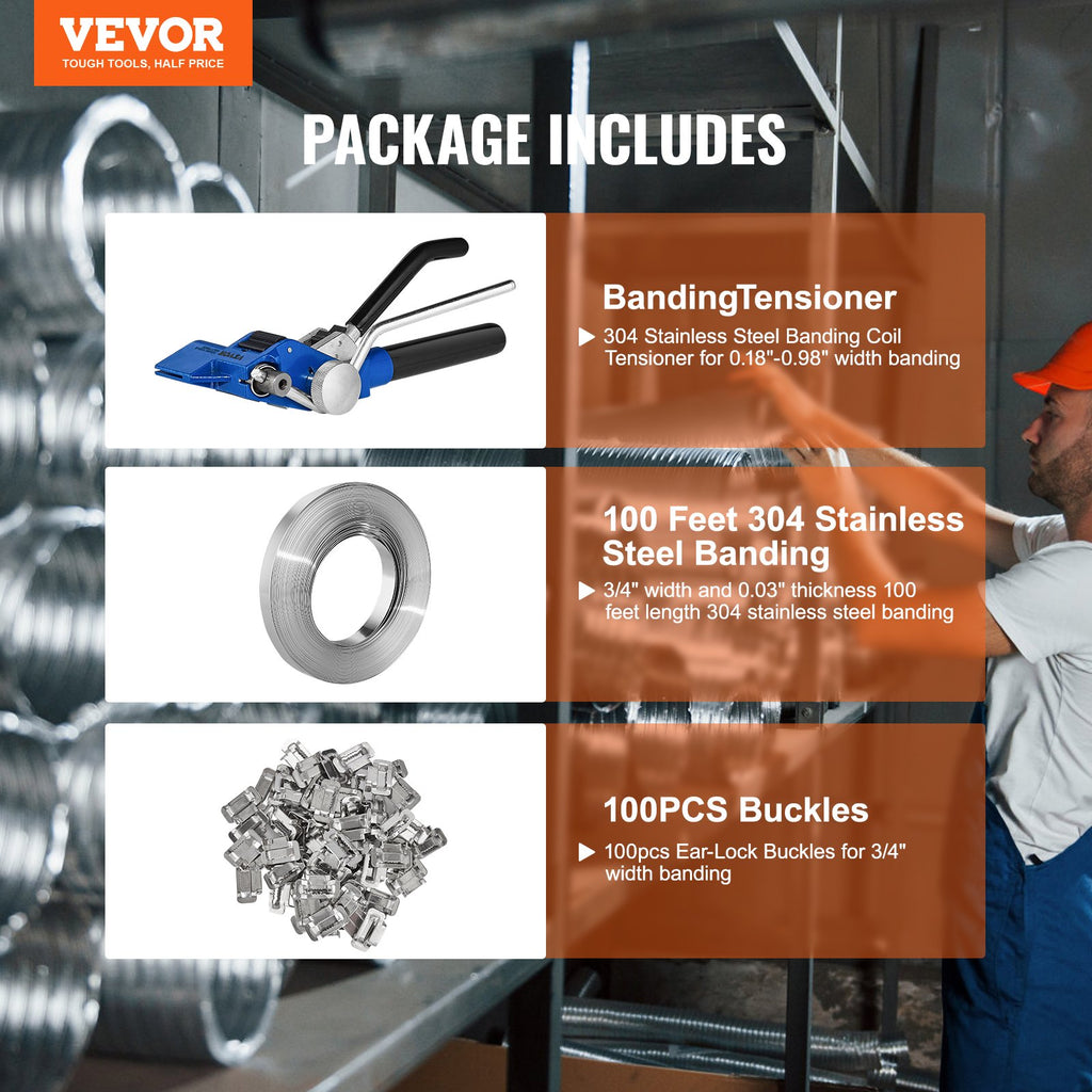 VEVOR Banding Strapping Kit with Strapping Tensioner Tool, 30 m Length 304 Stainless Steel Banding, 100 Metal Seals, Pallet Packaging Strapping Banding Kit, Banding Packaging Strapping for Packing