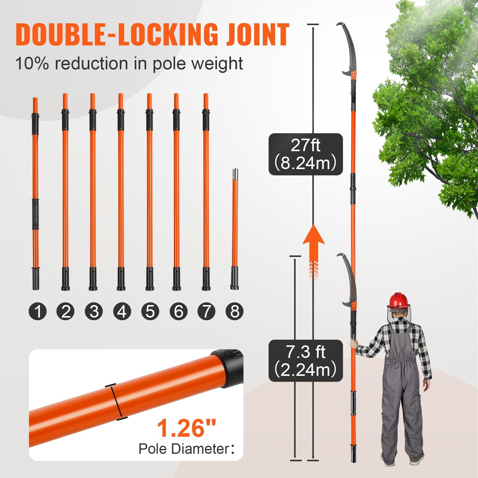 VEVOR Manual Pole Saw, 2.24 m-8.24 m Extendable Tree Pruner, Sharp Steel Blade High Branches Trimming, Manual Branch Trimmer with Lightweight 8 Fiberglass Handles, for Pruning Palms and Shrubs