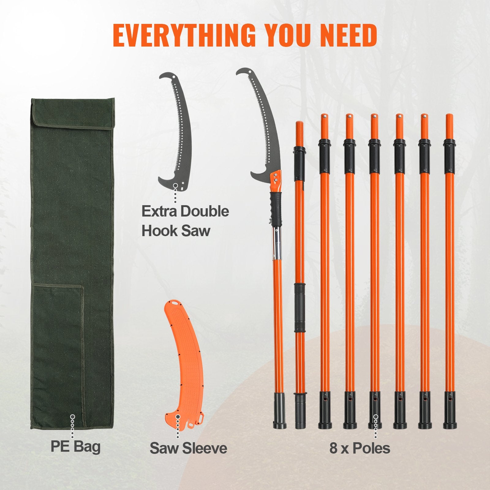 VEVOR Manual Pole Saw, 2.24 m-8.24 m Extendable Tree Pruner, Sharp Steel Blade High Branches Trimming, Manual Branch Trimmer with Lightweight 8 Fiberglass Handles, for Pruning Palms and Shrubs