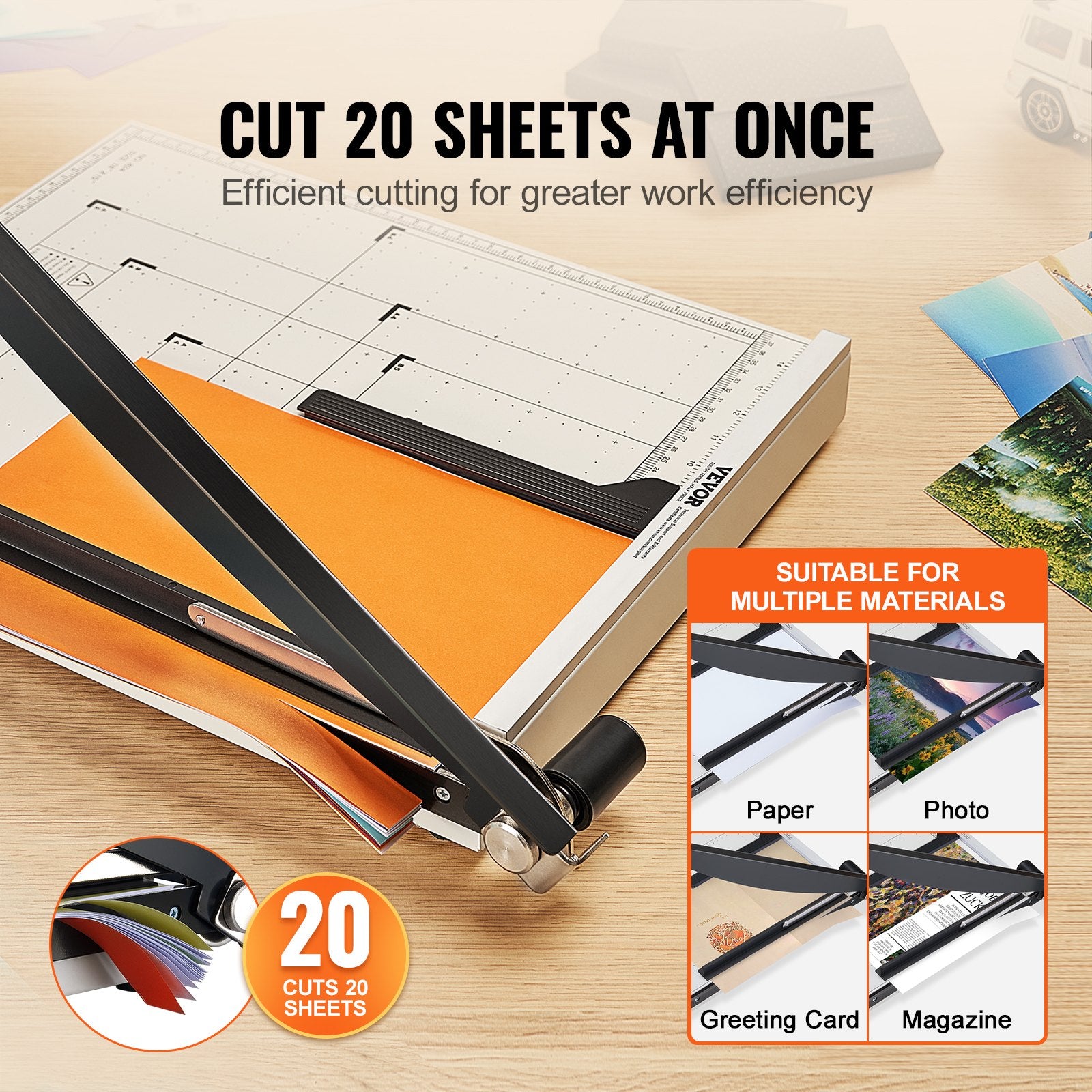 VEVOR Paper Cutter, Guillotine Trimmer, 457 mm Cut Length, 20 Sheets Capacity, Heavy Duty Guillotine Paper Cutter with Guard Rail/Blade Lock for Cardstock/Cardboard, Paper Trimmer for Home Office
