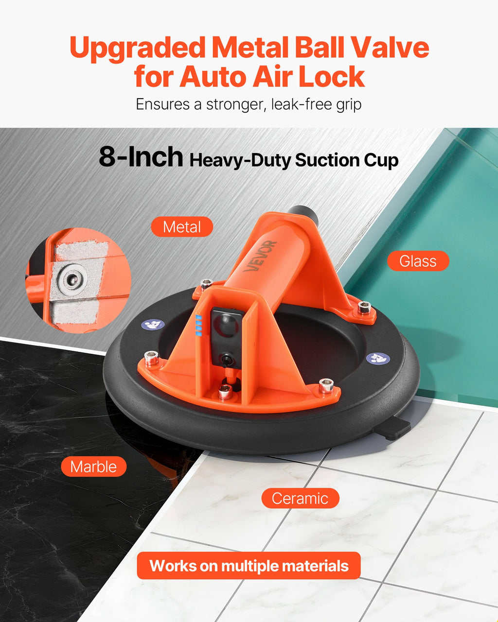 VEVOR Vacuum Suction Cup, 203 mm Vacuum Glass Lifter with ABS Handle, 180 kg Max Lifting Capacity Tile Suction Cup Tool with Carrying Case for Lifting Large Tile, Granite, Drywall, Windows (1-Pack)
