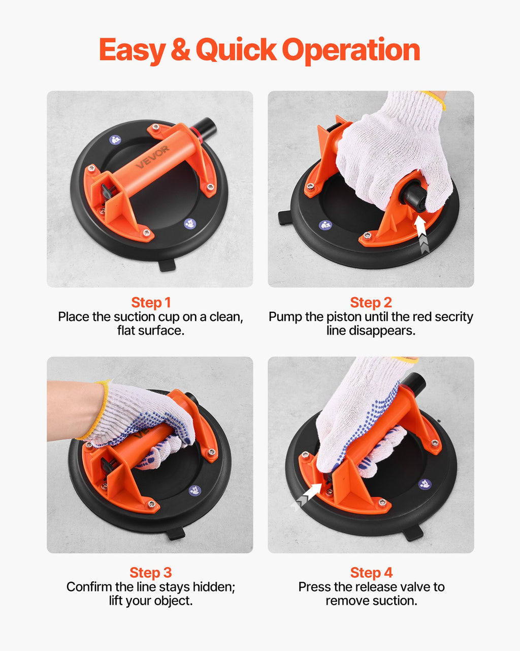 VEVOR Vacuum Suction Cup, 203 mm Vacuum Glass Lifter with ABS Handle, 180 kg Max Lifting Capacity Tile Suction Cup Tool with Carrying Case for Lifting Large Tile, Granite, Drywall, Windows (1-Pack)