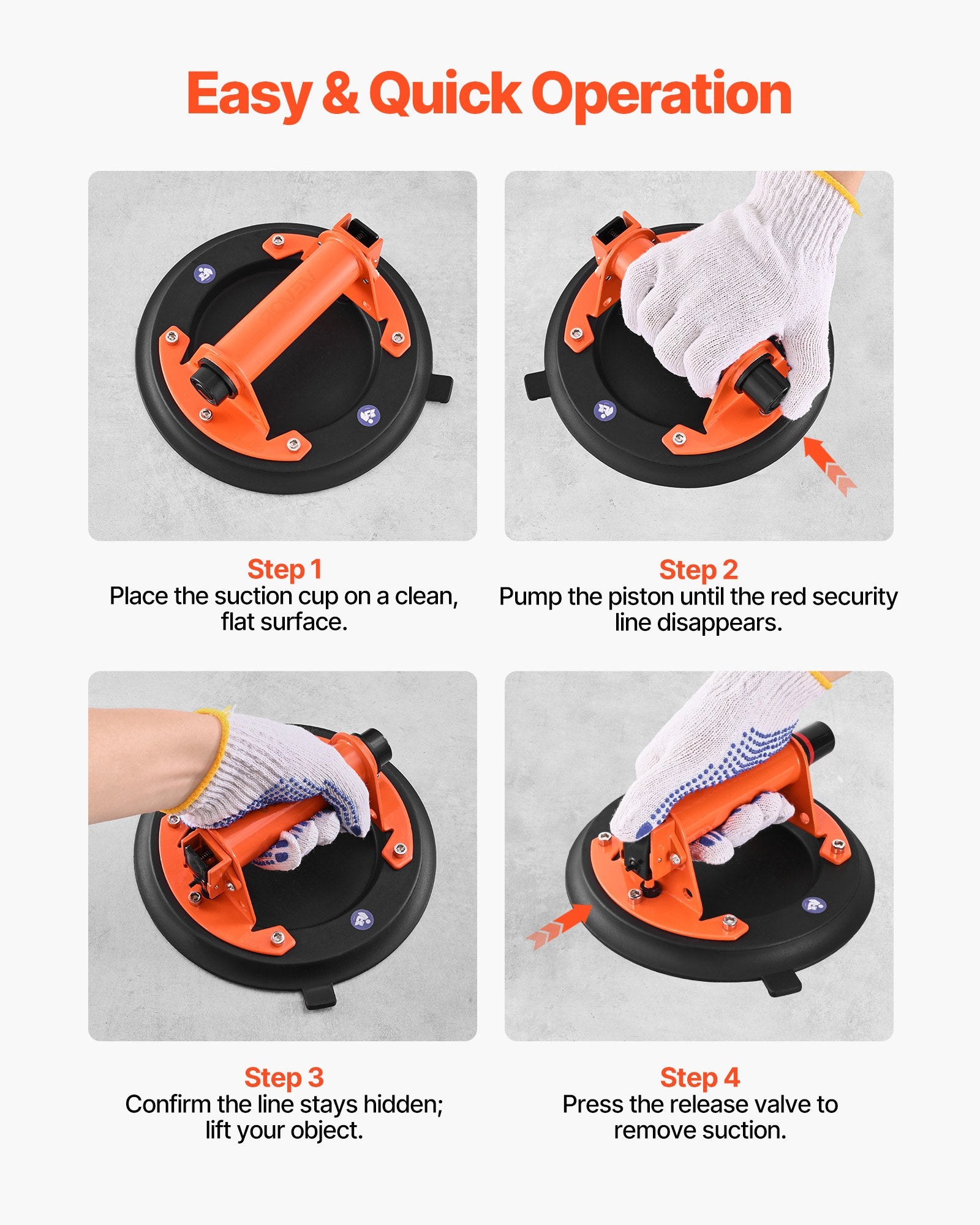 VEVOR Vacuum Suction Cup, 203 mm Vacuum Glass Lifter with Metal Handle, 195 kg Max Lifting Capacity Tile Suction Cup Tool with Carrying Case for Lifting Large Tile, Granite, Drywall, Windows (2-Pack)