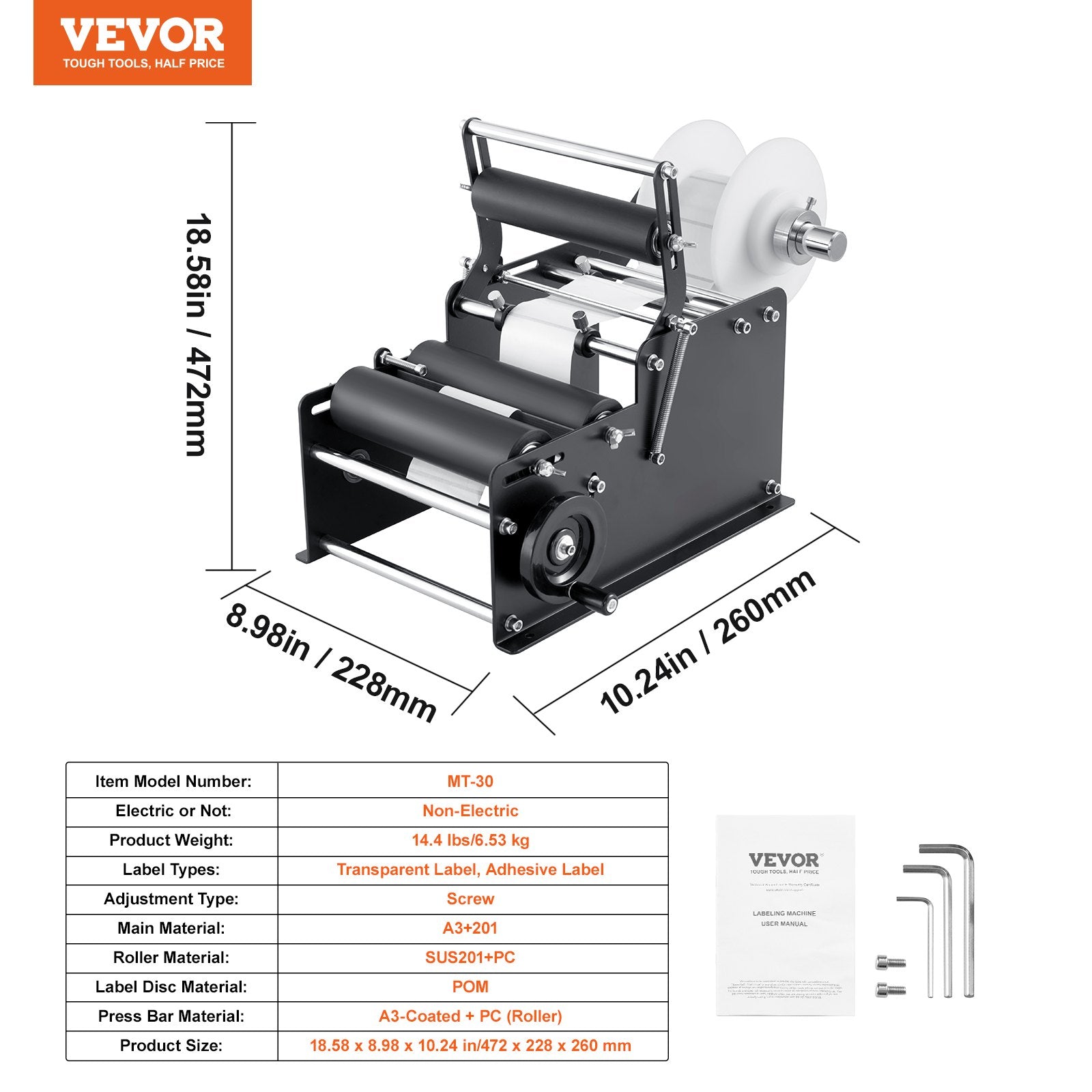 VEVOR Manual Round Labeling Machine, 15-20pcs/min, Bottle Label Applicator for Round Bottles, Adjustable Manual Round Bottle Labeler Suitable for Round Bottle Diameter 20-120 mm (with Pressing Bar)