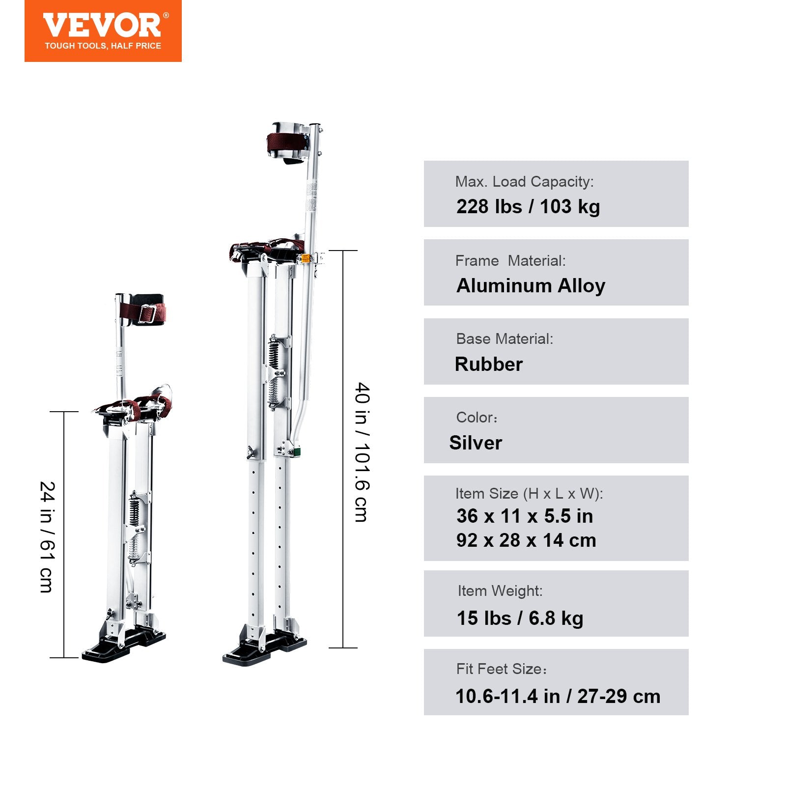 VEVOR Drywall Stilts, 24''-40'' Adjustable Aluminum Tool Stilts with Protective Knee Pads, Durable and Non-Slip Work Stilts for Sheetrock Painting, Walking, Taping, Silver