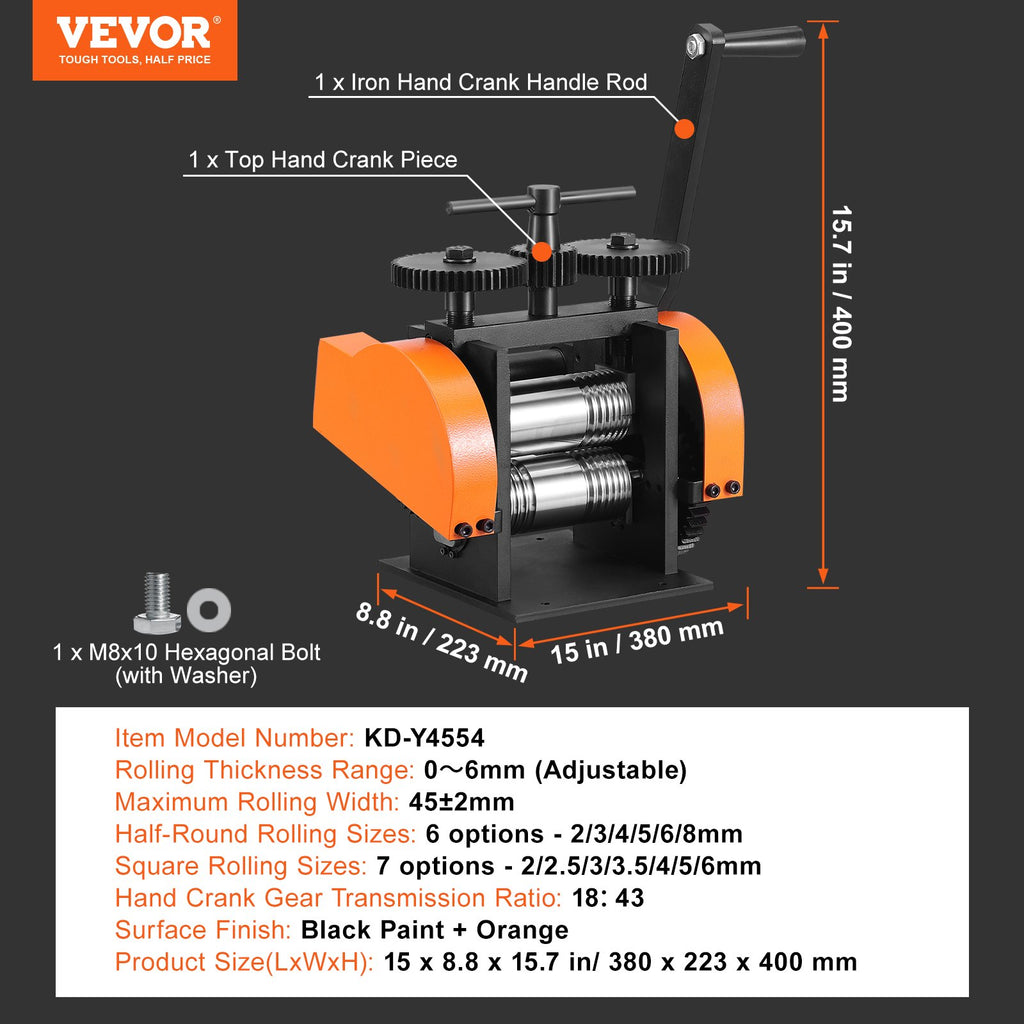 VEVOR Rolling Mill, 1.77"/45 mm Jewelry Rolling Mill Machine, 1: 2.4 Gear Ratio, 3-in-1 Multi-function Rolling Mill, 0-6 mm Press Thickness for Metal Jewelry Making Sheet Square Wire Semicircle