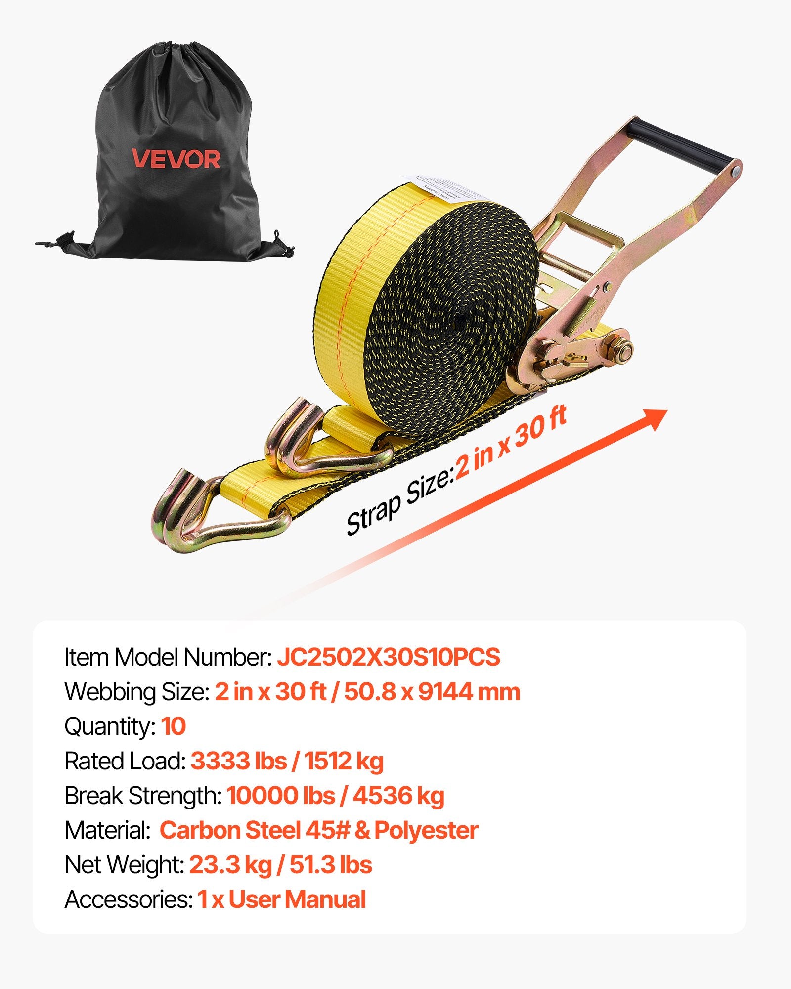 VEVOR Ratchet Straps, 50.8 mm x 9.1 m, Heavy Duty Tie Down Straps with Double J Hook, 4536 kg Break Strength, Tie Down Ratcheting for Moving, Trailers, Motorcycles, Kayaks, Car Roof, 10 Pack