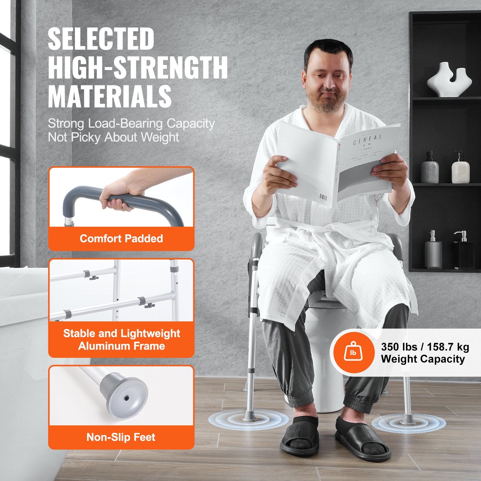 VEVOR Raised Toilet Seat, 7-Position Height Adjustment 655-805 Mm, 158.7 kg Weight Capacity, with Comfort Padded Aluminum Frame, Universal Toilet Seat Riser, for Elderly, Handicap, Pregnant, Medical
