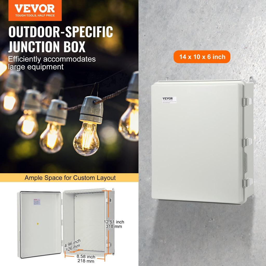 VEVOR Outdoor Electrical Junction Box, 350 x 250 x 150 mm, ABS Plastic Electrical Enclosure Box with Hinged Cover Stainless Steel Latch, IP67 Dustproof Waterproof for Outdoor Electrical Projects
