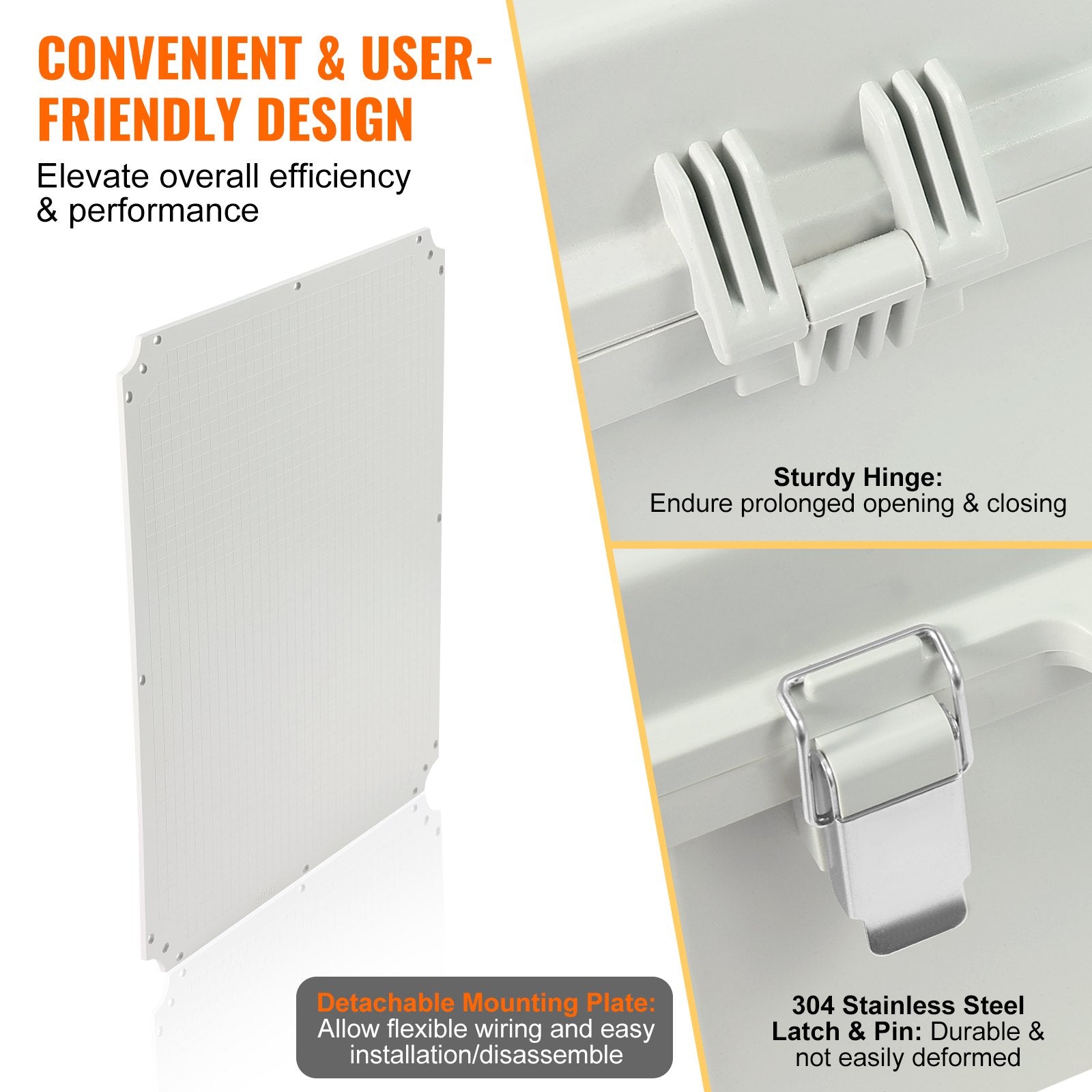 VEVOR Outdoor Electrical Junction Box, 530 x 430 x 200 mm, ABS Plastic Electrical Enclosure Box with Hinged Cover Stainless Steel Latch, IP67 Dustproof Waterproof for Outdoor Electrical Projects, 21 x 17 x 8 inch