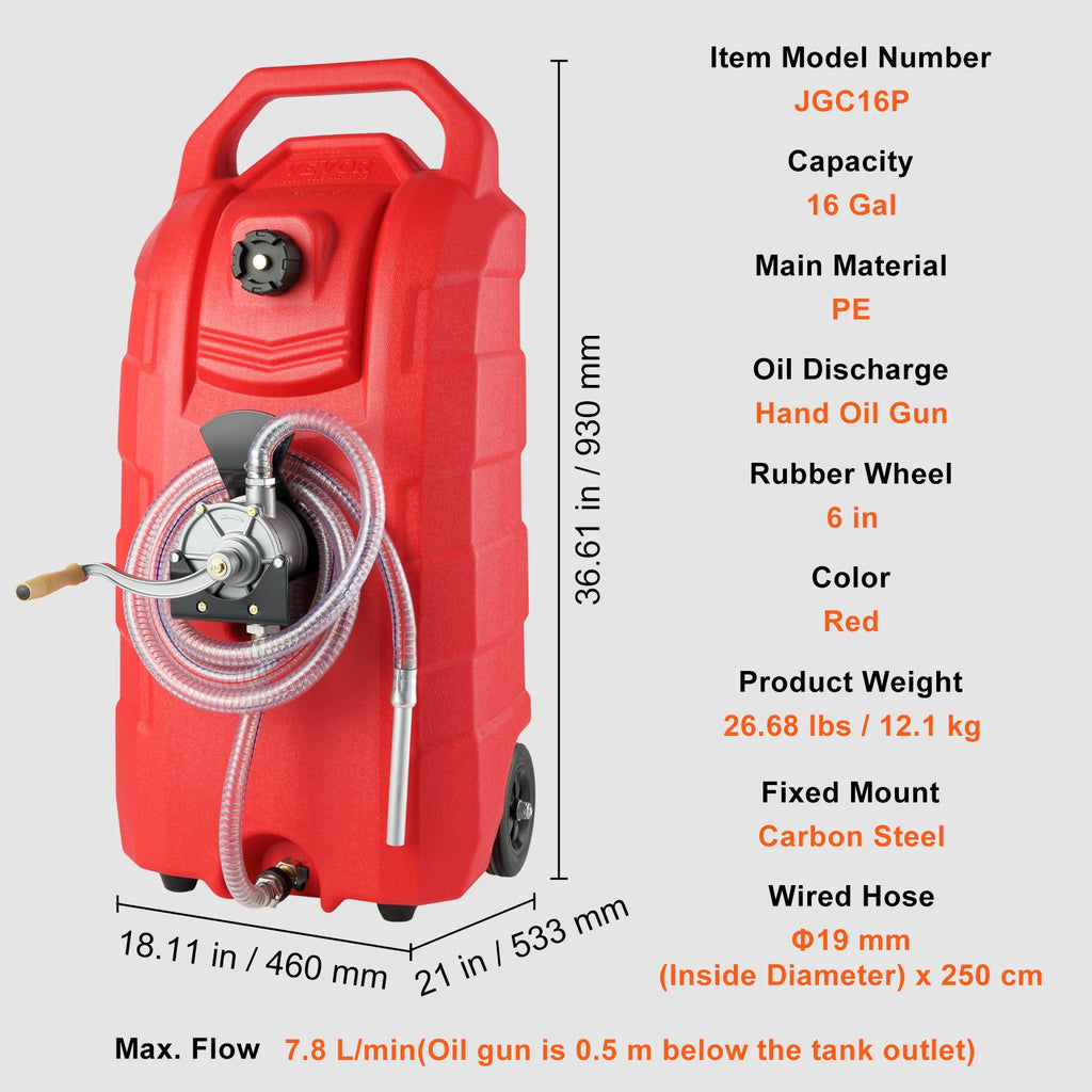 VEVOR 60.57L Fuel Caddy, 7.8 L/min, Portable Gas Storage Tank Container with Hand Pump Rubber Wheels, Fuel Transfer Storage Tank for Gasoline Diesel Machine Oil Car Mowers Tractor Boat Motorcycle