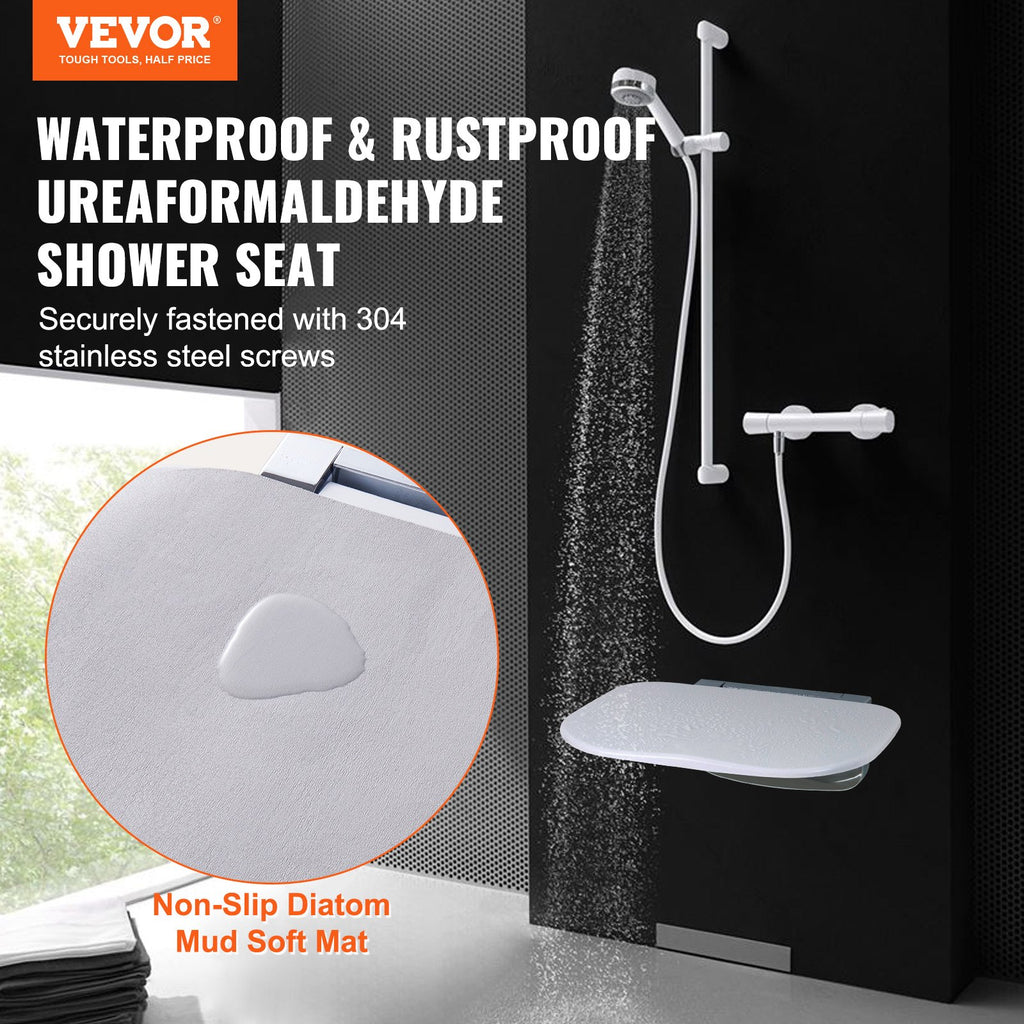 VEVOR Urea-formaldehyde Folding Shower Seat, 13.6'' x 12.8'' Unfolded, Wall Mounted Fold Up Shower Bench with 450 lbs Load Capacity, Space Saving Fold Down Shower Chair for Seniors Children Adults