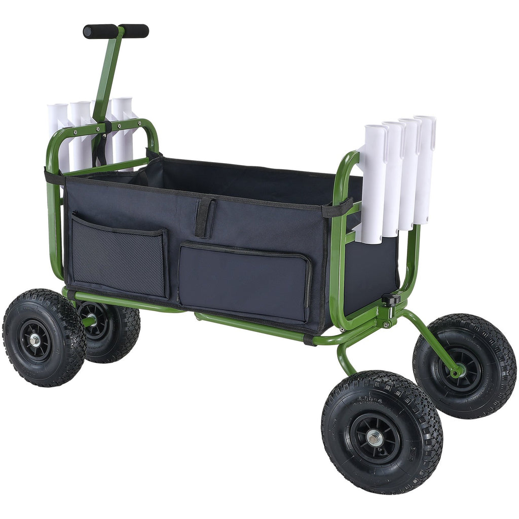 VEVOR Beach Fishing Cart, 136kg Load Capacity, Foldable Fish and Marine Cart with Four 280mm Big Wheels Rubber Balloon Tires, Heavy-Duty Steel Pier Wagon Trolley with 8 Rod Holders for Picnic