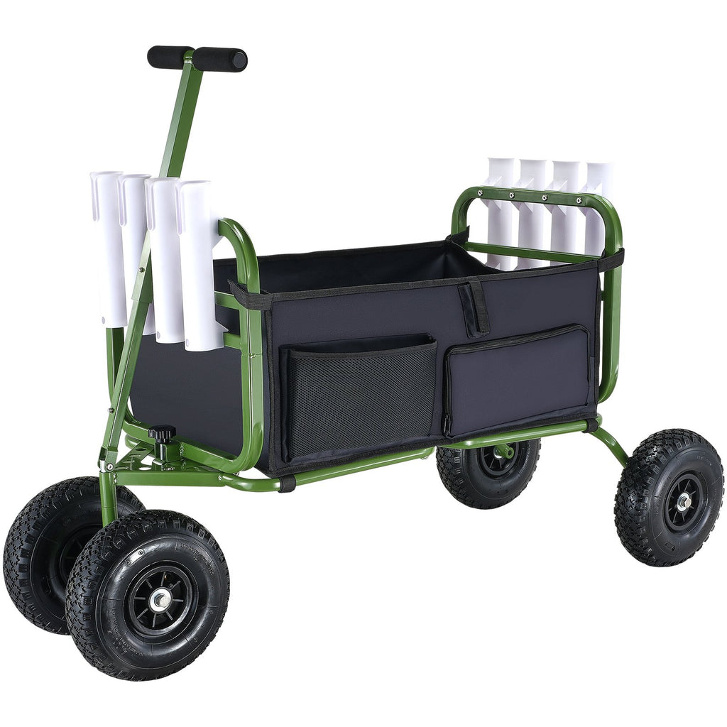 VEVOR Beach Fishing Cart, 136kg Load Capacity, Foldable Fish and Marine Cart with Four 280mm Big Wheels Rubber Balloon Tires, Heavy-Duty Steel Pier Wagon Trolley with 8 Rod Holders for Picnic
