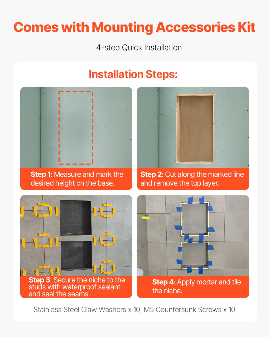 VEVOR Shower Niche 40.6 x 71.1 x 10.2 cm Recessed Wall Shelf for Bathroom