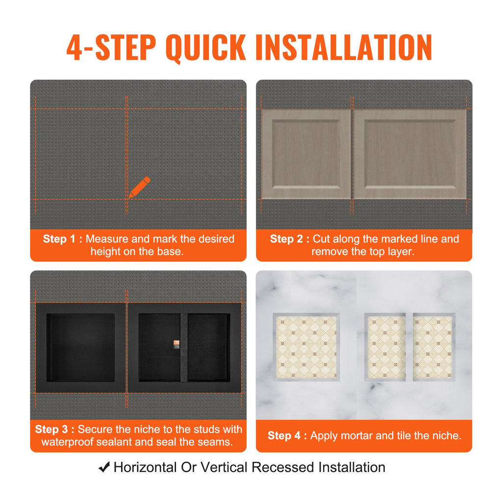 VEVOR Shower Niche Ready for Tile 40.64x40.64cm & 40.64x50.8cm, Triple Shelf, Square Corners Wall-inserted Niche Recessed, Sealed Protection Modern Soap Storage Niche for Shower Bathroom, Black