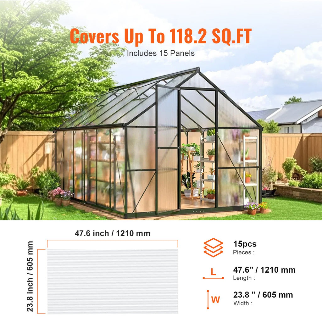 VEVOR 15 Pack Polycarbonate Greenhouse Panels, 2' X 4' X 0.24'' Roof Panels Sheets, Waterproof UV Protected Corrugated Plastic Roofing, Impact Resistance Clear Roofing Sheets for Greenhouse/Garden