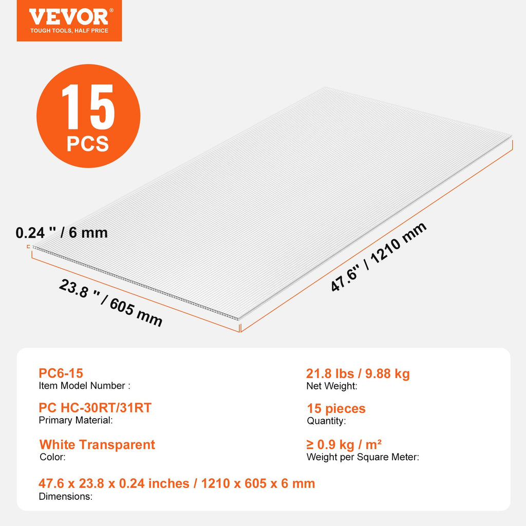 VEVOR 15 Pack Polycarbonate Greenhouse Panels, 2' X 4' X 0.24'' Roof Panels Sheets, Waterproof UV Protected Corrugated Plastic Roofing, Impact Resistance Clear Roofing Sheets for Greenhouse/Garden