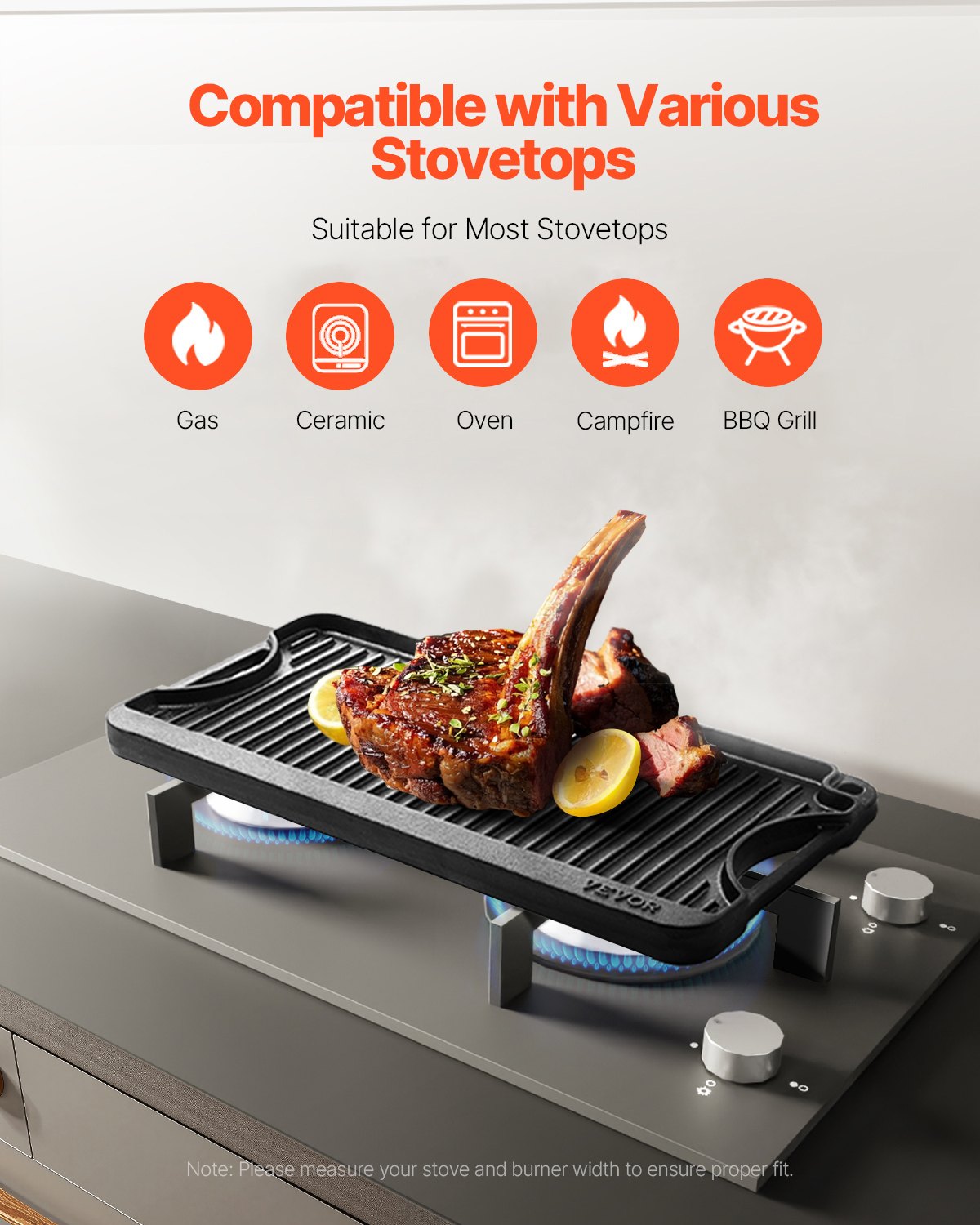 VEVOR Reversible Grill/Griddle, 20x10 inch Pre-Seasoned Cast Iron Griddle, Portable Rectangular Pan with Handle, Family Cookware for Indoor/Outdoor Stove Top Burner, Gas, Camping BBQ, Black